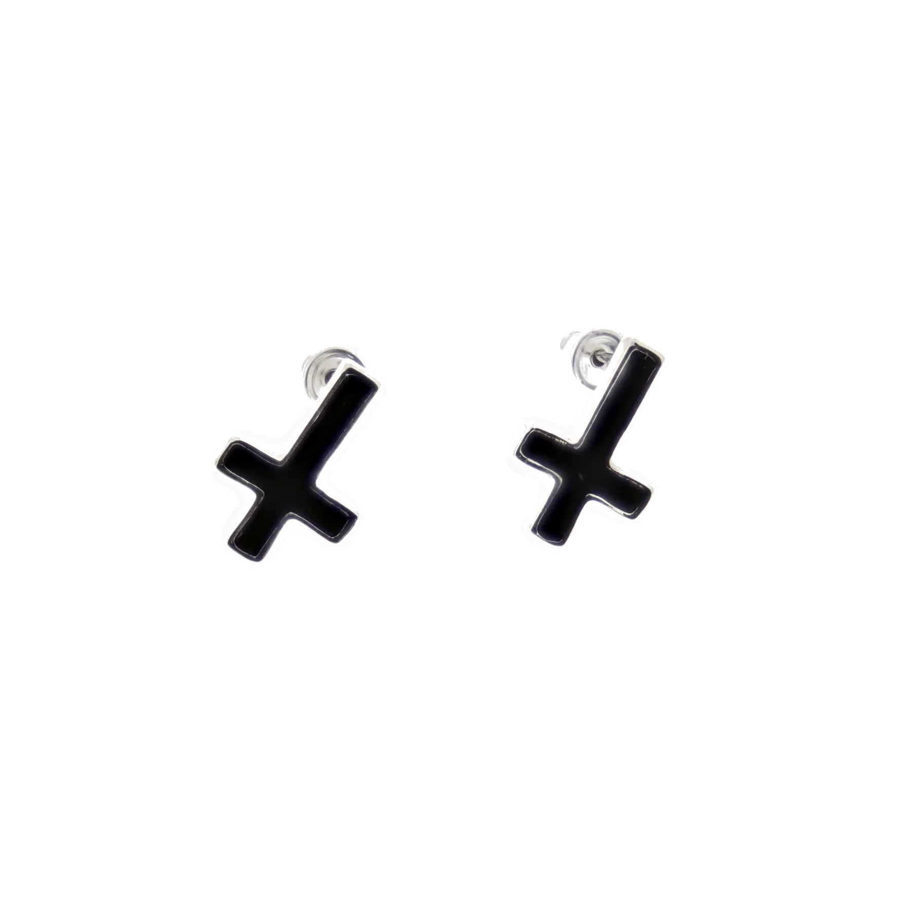 Upside Down Black Cross Stud Earrings