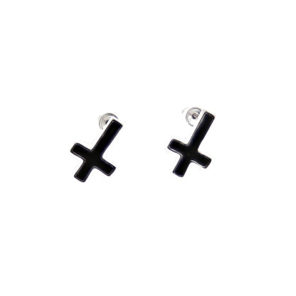 Upside Down Black Cross Stud Earrings