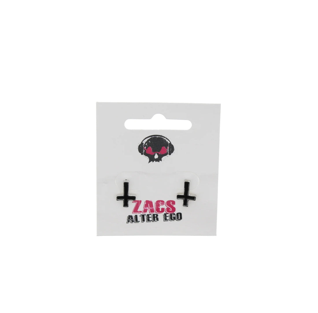 Upside Down Black Cross Stud Earrings