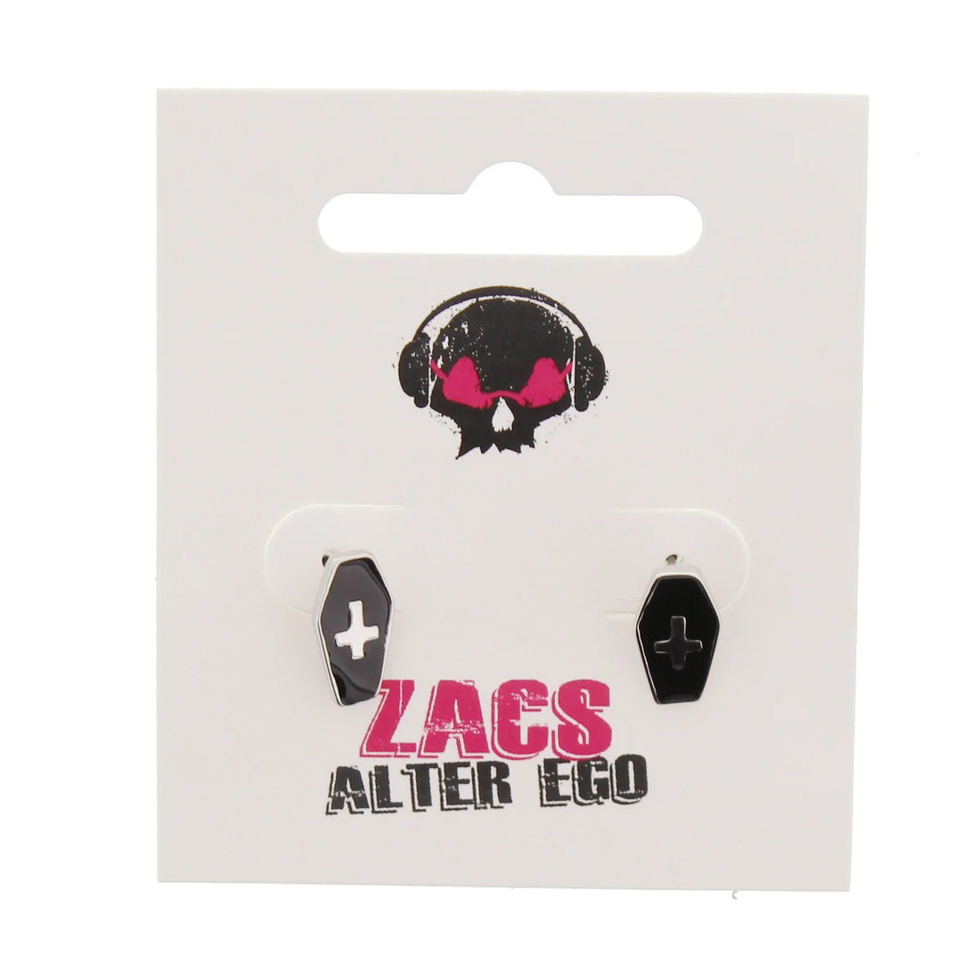 Upside Down Cross Inside Black Coffin Stud Earrings