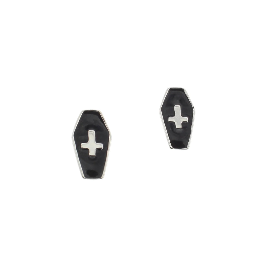 Upside Down Cross Inside Black Coffin Stud Earrings
