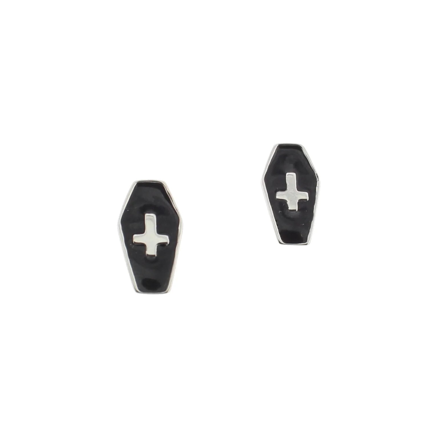 Upside Down Cross Inside Black Coffin Stud Earrings