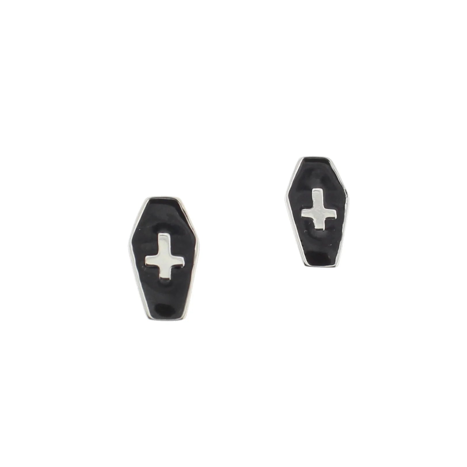 Upside Down Cross Inside Black Coffin Stud Earrings