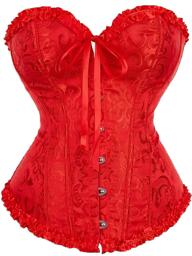 Classic Vintage Print Satin Bustier Corset (Red)