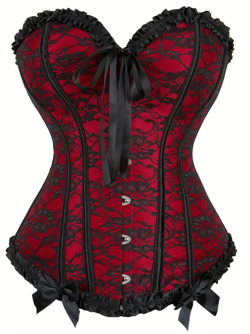 Classic Floral Print Bustier Two Tone Corset (Black/Red)