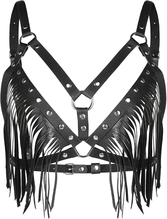 Faux Leather Fringe Harness Bralette with Metal Studs - ZAEG101