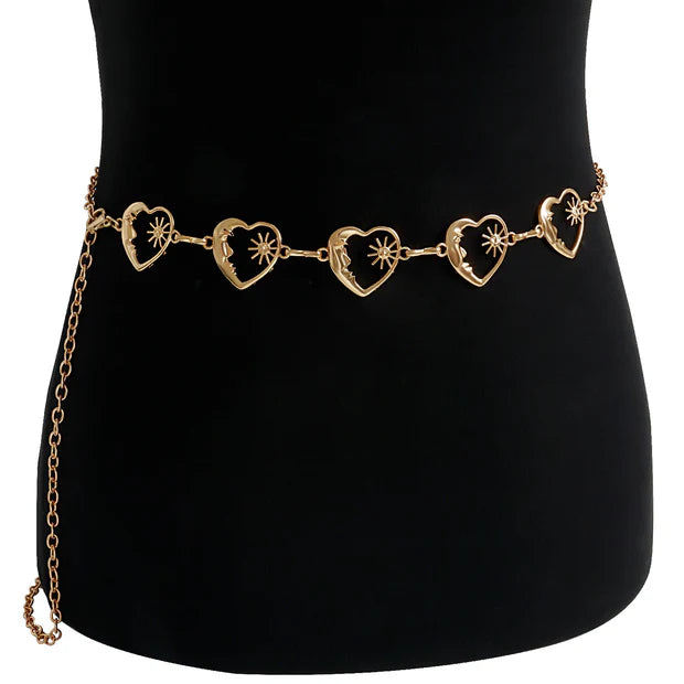 Heart Moon &amp; Star Charm Chain Belt (Silver or Gold)
