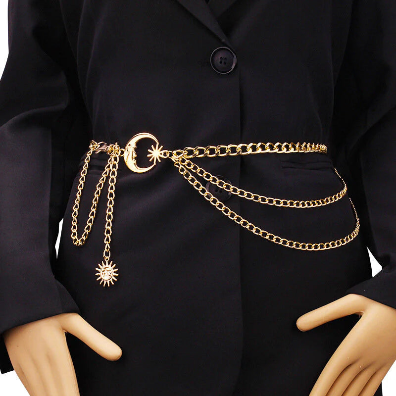 Moon, Star &amp; Sun Charm Triple Chain Belt (Silver or Gold)