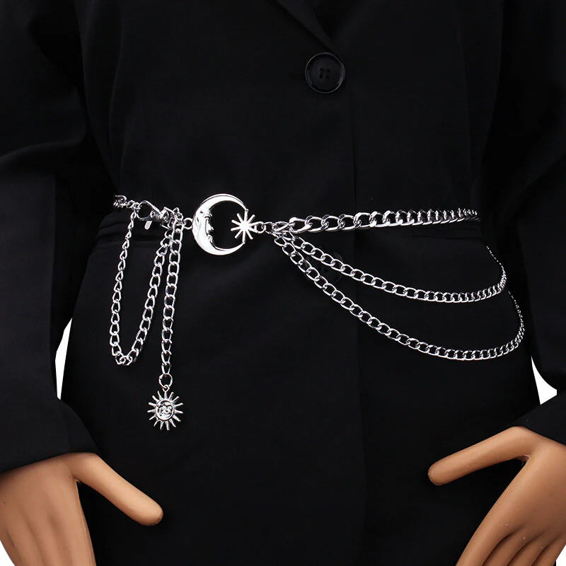 Moon, Star &amp; Sun Charm Triple Chain Belt (Silver or Gold)