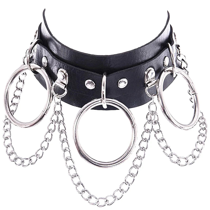 Vegan Leather Neckband: Black PU Choker with Rings and Chain