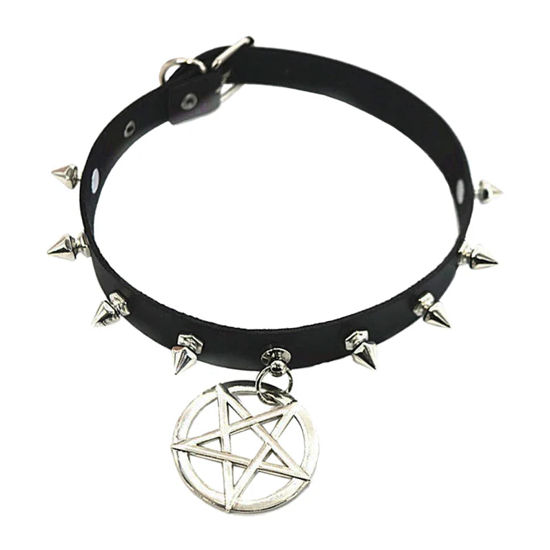 PU Choker with Spikes &amp; Pentagram Pendant