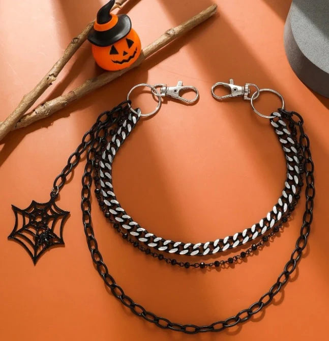 Triple Hip Chain with Cobweb &amp; Spider Attachment (Silver or Black)
