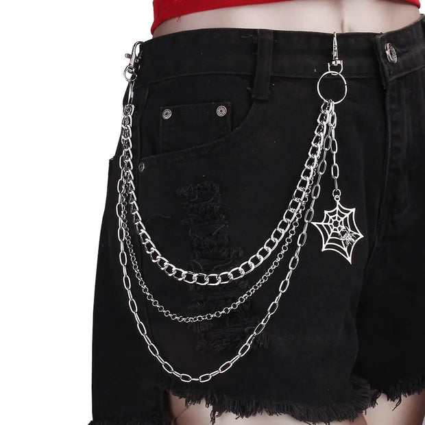 Triple Hip Chain with Cobweb &amp; Spider Attachment (Silver or Black)