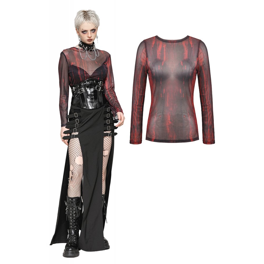 Black and Red Tie-Dye Mesh Versatile Basic Top (✦ Dark In Love) TW620