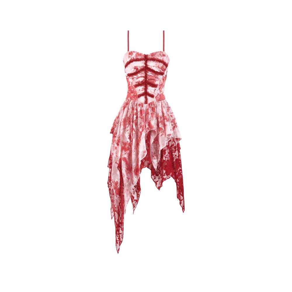 Gothic Asymmetric Dress in Red-White Tie-Dye Chiffon (✦ Dark In Love) DW1182