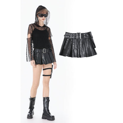 Low-Waist Tactical Punk Skirt-Pants with Asymmetric Pleated Belt (✦ Dark In Love) PW148