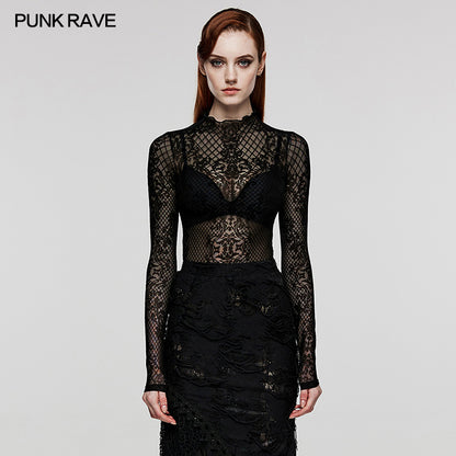Gothic Flocked Pattern Mesh Top (✦ Punk Rave) WT-832TCF