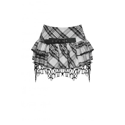 Punk Black and White Checkered Asymmetrical Messy Net Skirt (✦ Dark In Love)