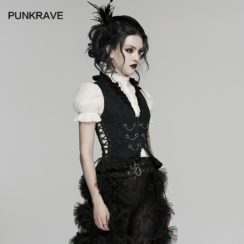 Double Row Chain V-Neck Goth Ruffle Drawstring Vest (✦ Punk Rave) WY-1924MJF