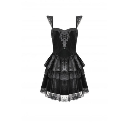 Gothic Midnight Velvet Dress with Lace Petal Sleeves and Layered Ruffle Skirt (✦ Dark In Love)