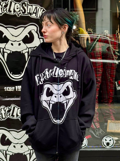 RATTLESNAKE Unisex Zipped Hoodie: Snake On Front Print (Black)