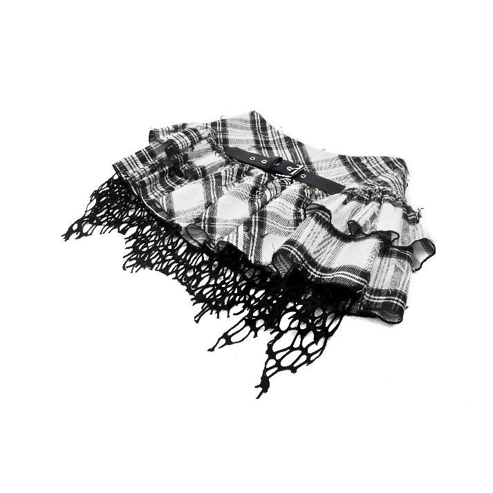 Punk Black and White Checkered Asymmetrical Messy Net Skirt (✦ Dark In Love)