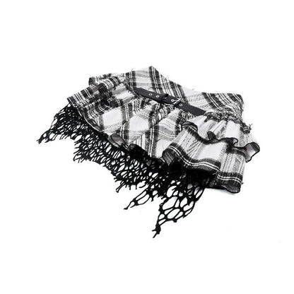 Punk Black and White Checkered Asymmetrical Messy Net Skirt (✦ Dark In Love)