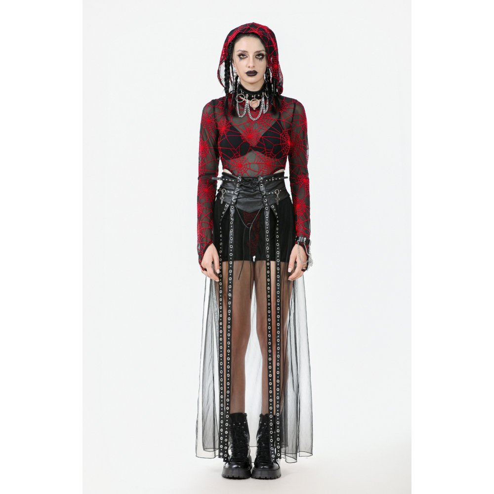 Rebel Leather and Mesh Maxi Skirt with Lace-Up Waist and Eyelet Detail (✦ Dark In Love) KW403