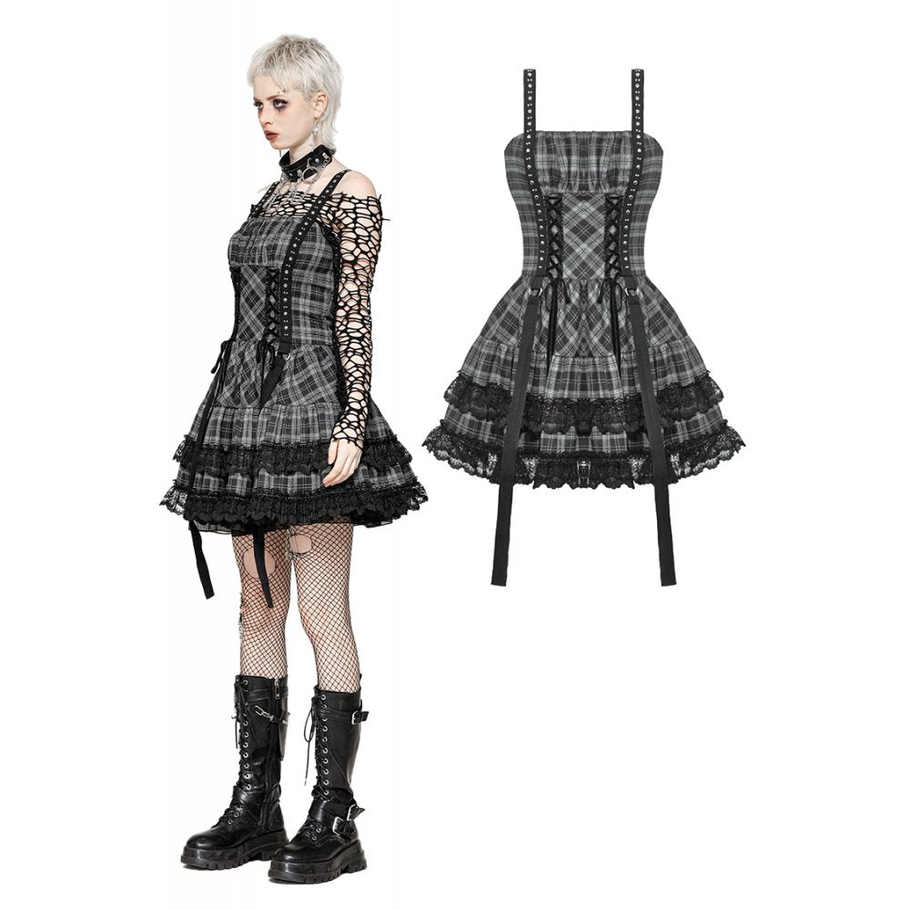 Punk Grey Plaid Metal Studded Dress (✦ Dark In Love) (Top not included)