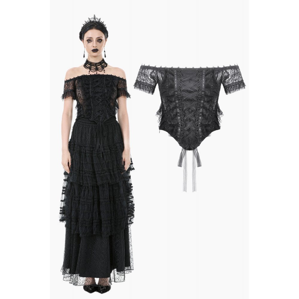 Gothic Off-Shoulder Lace Top with Floral Trim (✦ Dark In Love)