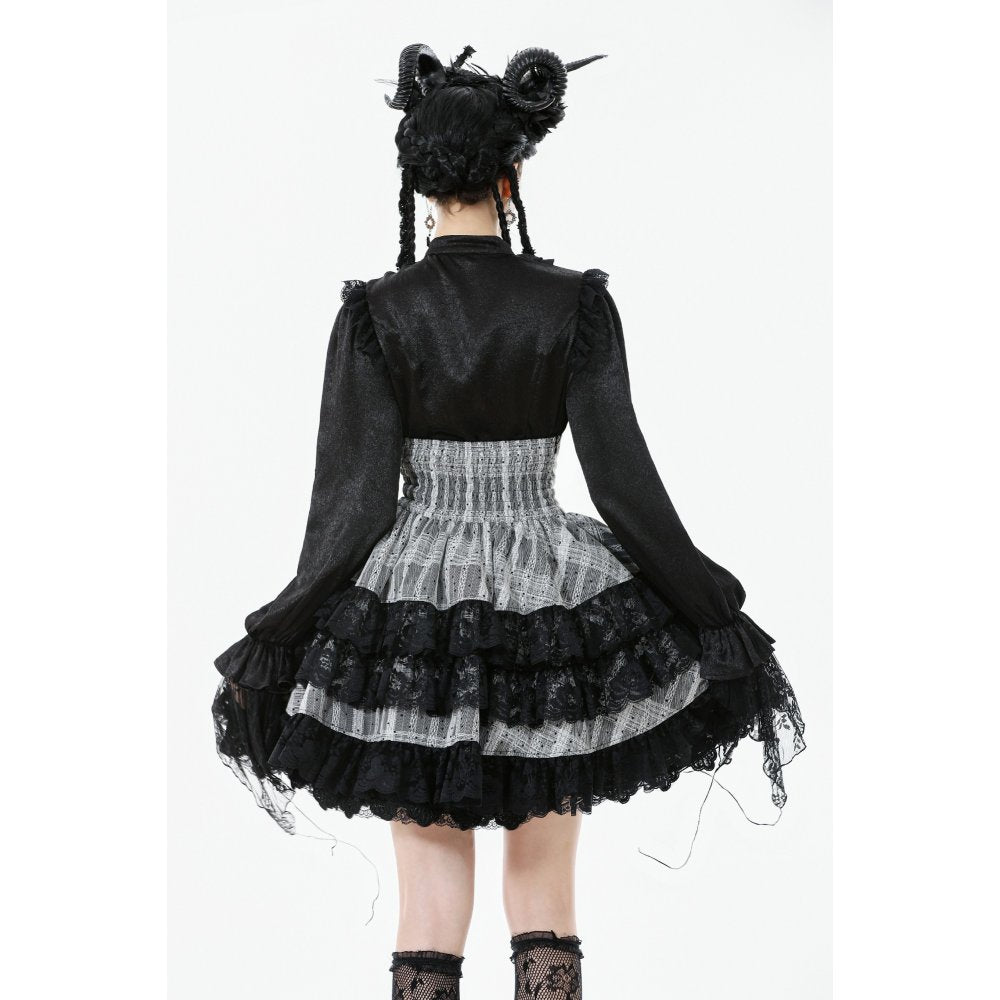 Cute Black and Grey Lolita High-Waist Tiered Skirt (✦ Dark In Love) KW414