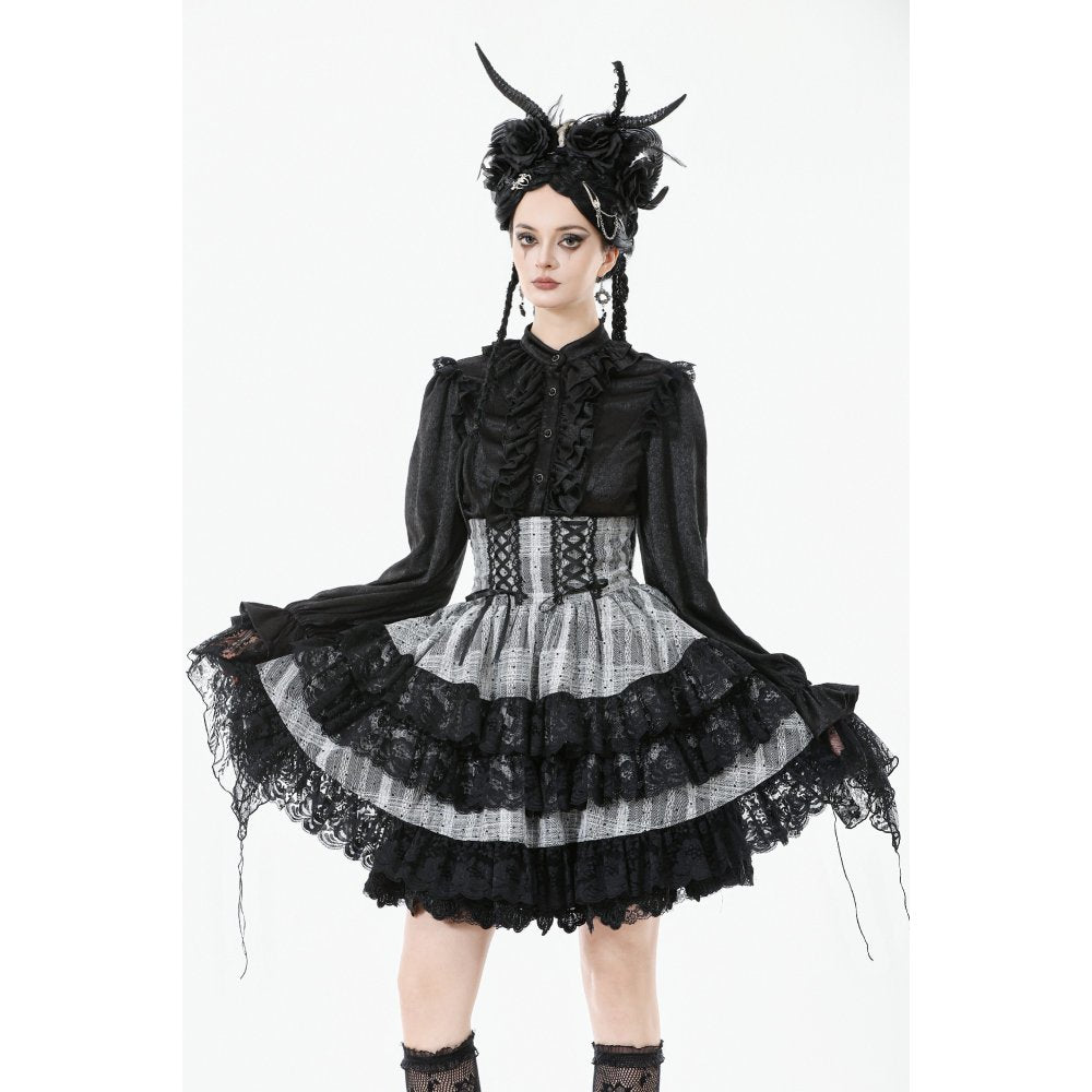 Cute Black and Grey Lolita High-Waist Tiered Skirt (✦ Dark In Love) KW414