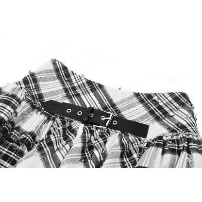 Punk Black and White Checkered Asymmetrical Messy Net Skirt (✦ Dark In Love)