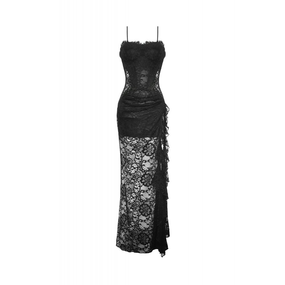 Gothic lace see-through sexy waist lace maxi strap dress (✦ Dark In Love) DW935
