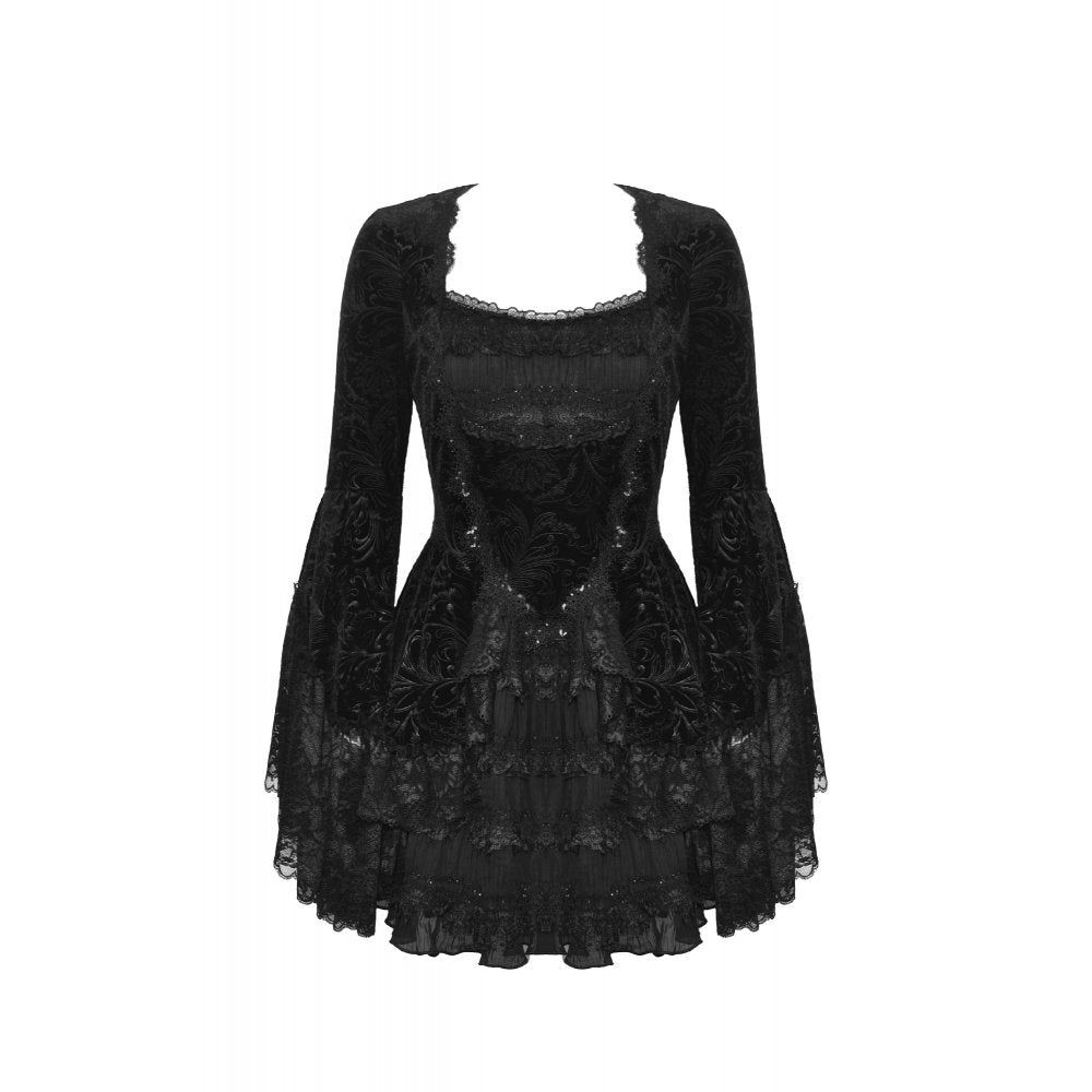 Gothic luxe lace-trim pattern velvet dress (✦ Dark In Love)