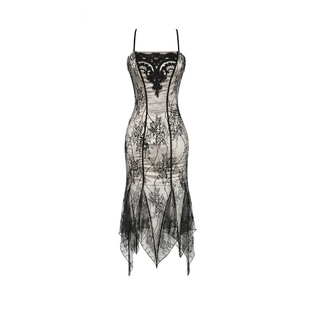 Gothic Two-Tone Lace Patchwork Dress with Floral Embroidery and Asymmetric Hem (✦ Dark In Love) DW1190
