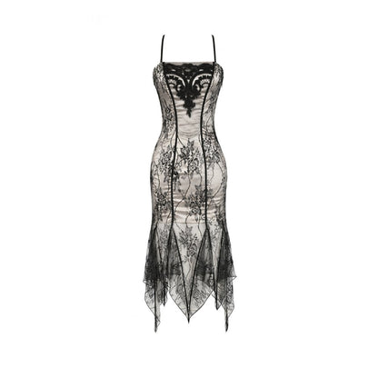 Gothic Two-Tone Lace Patchwork Dress with Floral Embroidery and Asymmetric Hem (✦ Dark In Love) DW1190