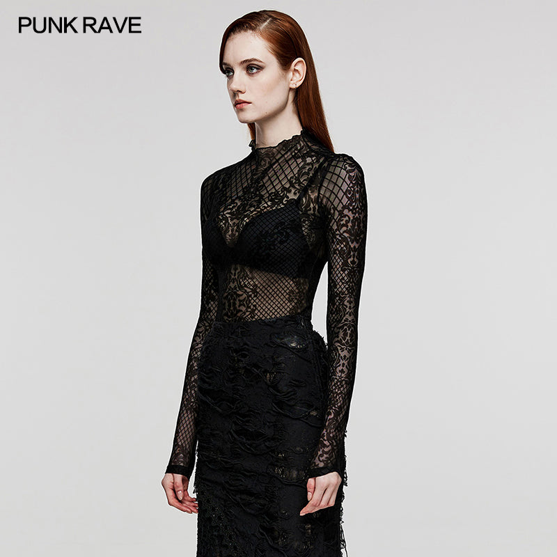 Gothic Flocked Pattern Mesh Top (✦ Punk Rave) WT-832TCF