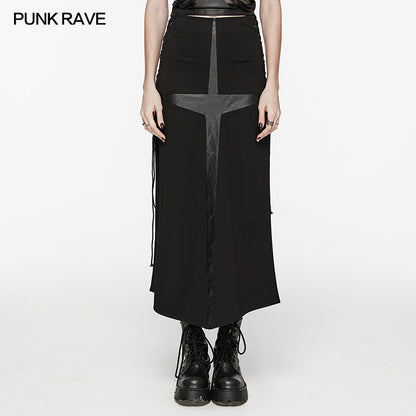 Eyelet Drawstring Cross Splicing Design Punk Cross Skirt (✦ Punk Rave) WQ-716BQF