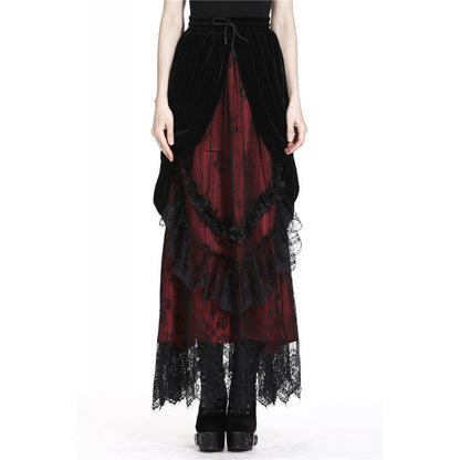 Gothic black red wave velvet lace maxi skirt(✦ Dark In Love)