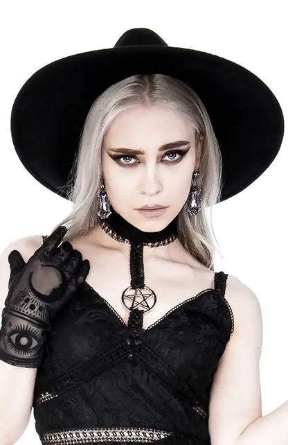 Black gothic Wide brim hat, stiff, nugoth headdress "WITCH" (✦ Restyle)