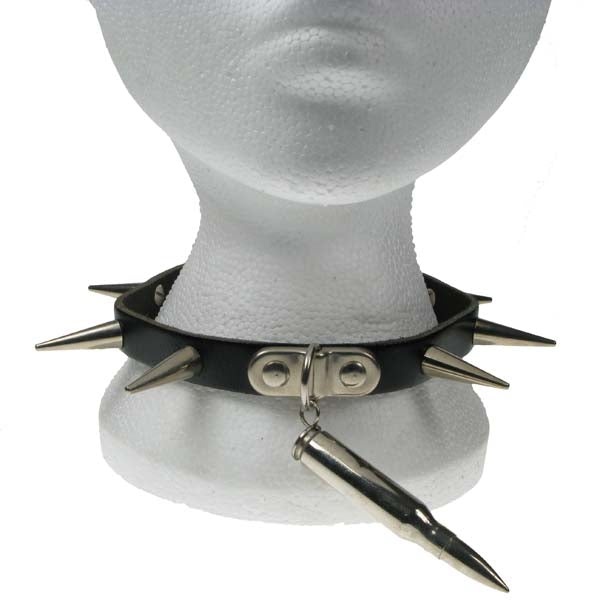 Leather Neckband: 1 Row Medium Cone &amp; Bullet