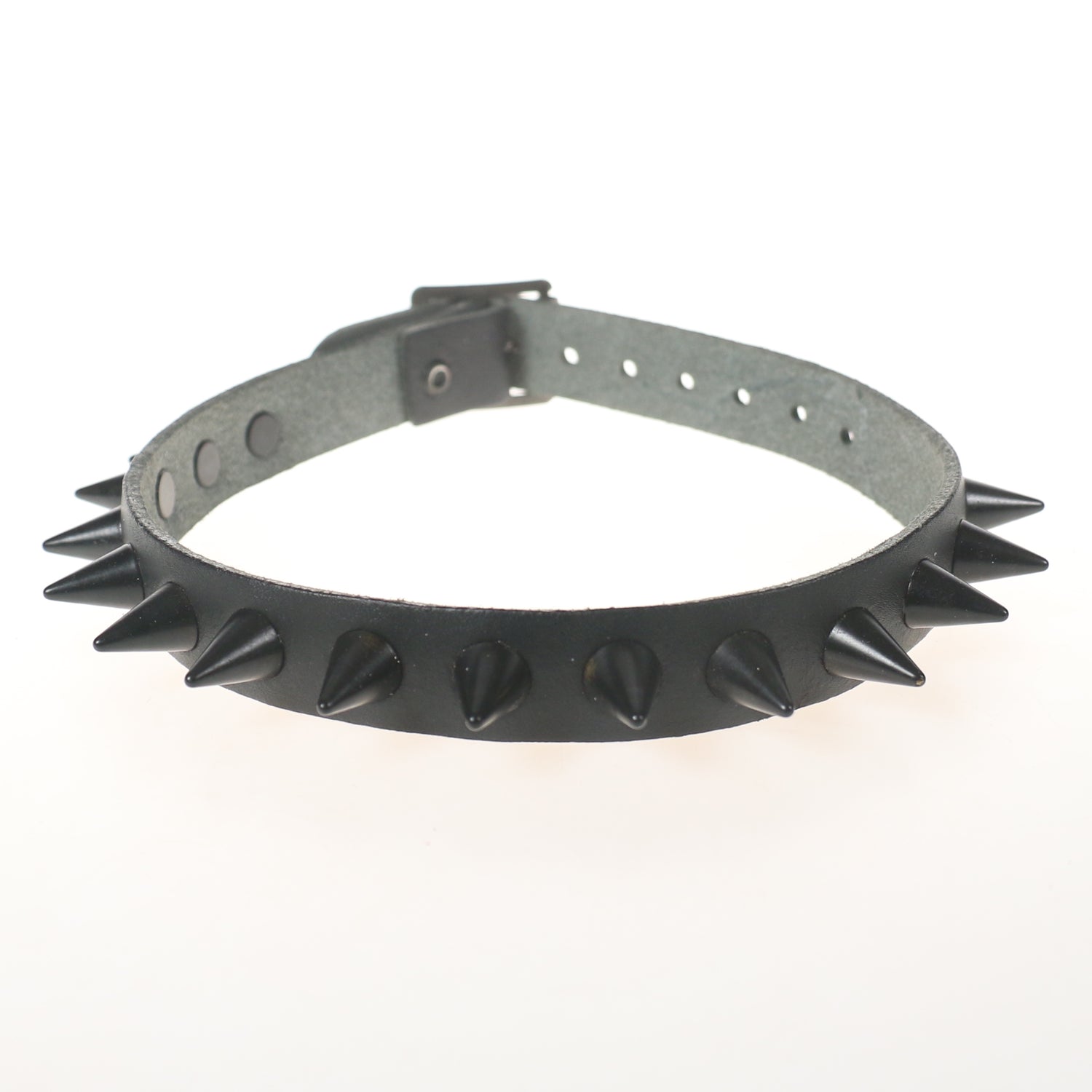 Leather Neckband: 1 Row Black Cone Studs
