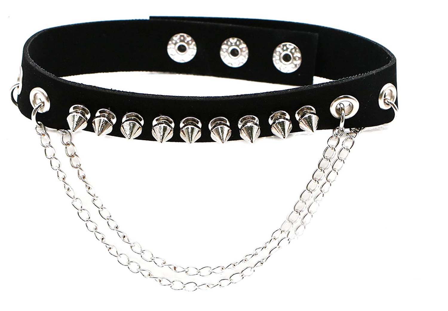 Leather Neckband: 1 Row Small Spike Studs, Double Chain (Black)