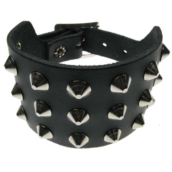 Leather Wristband: 3 Row Conical Studs