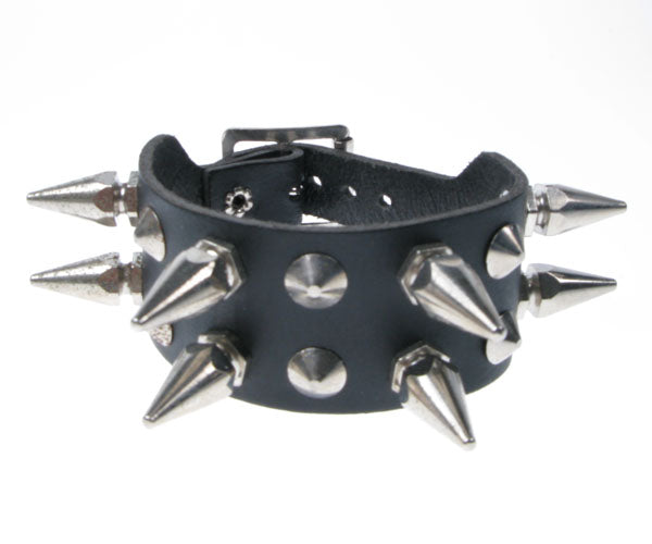 Leather Wristband: 2 Row Medium Hexagon and Spike Studs