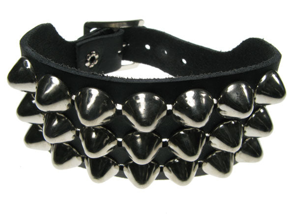 Leather Wristband:  3 Row Dome Conical Studs