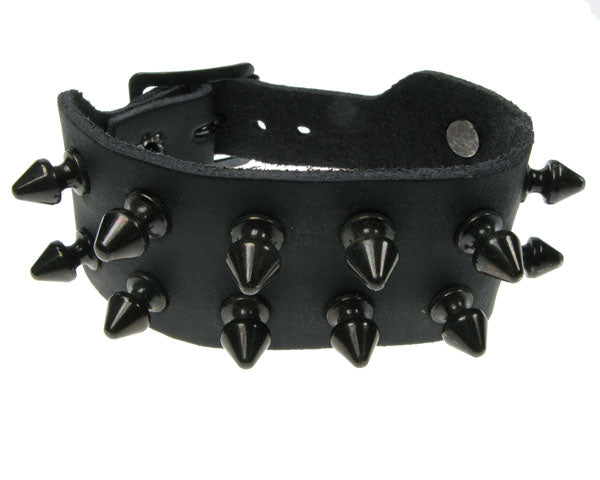 Leather Wristband:  2 Row Black Spike Studs