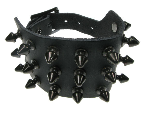 Leather Wristband:  3 Row Black Spike Studs