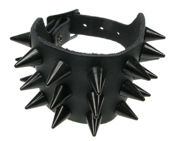 Leather Wristband: 3 Row Small Black Cone Studs